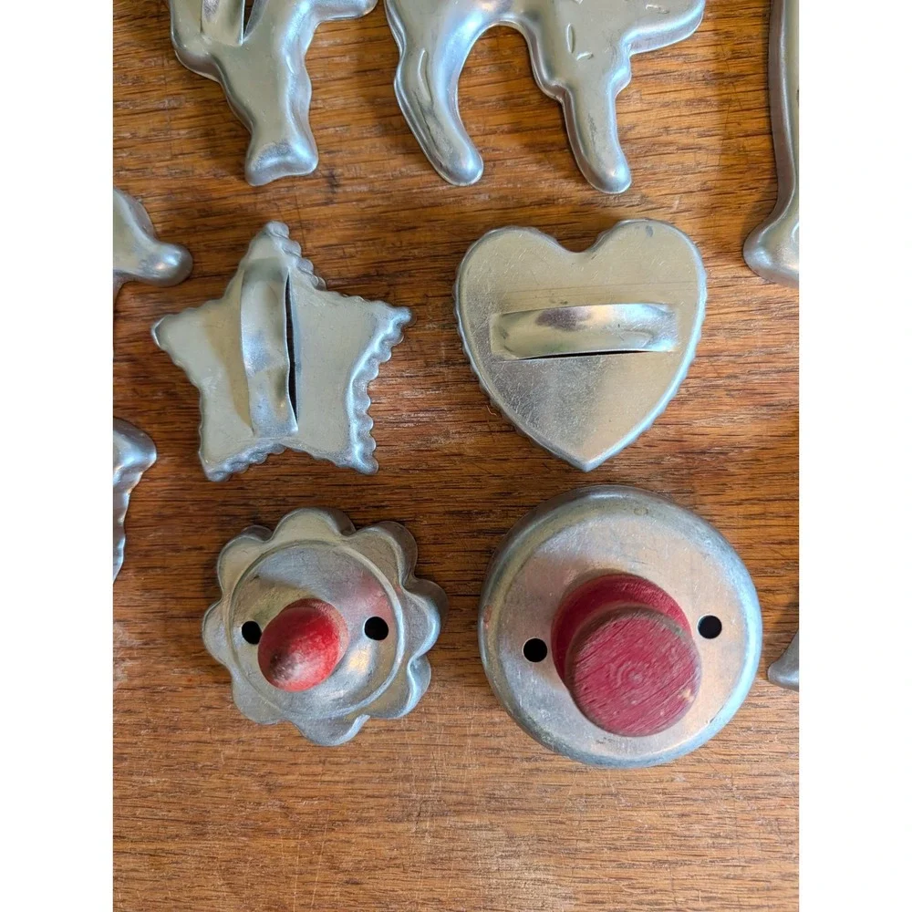 Vintage Aluminum Cookie Cutter 15pc Red Wood Handle Animals Bells Space Cadet